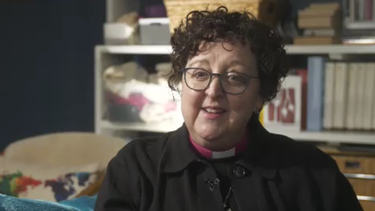 Bishop of Stepney Joanne Grenfell speaking to Sky News communities correspondent Lisa Holland.