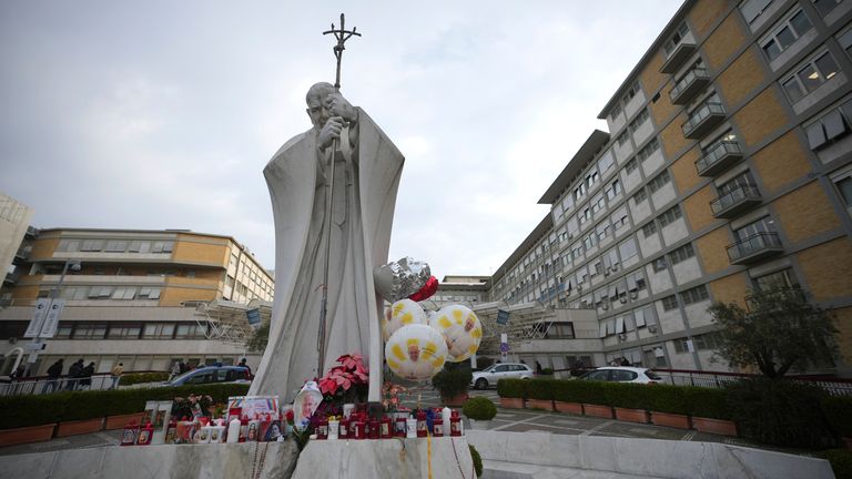 A view of the Agostino Gemelli Polyclinic, in Rome, Monday, Feb. 24, 2025 where the Pontiff is hospitalized since Friday, Feb. 14. (AP Photo/Alessandra Tarantino)