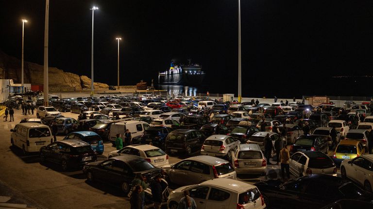 Cars line up as people wait to board a ferry to Piraeus, following an increase in seismic activity on the island of Santorini, Greece, February 4, 2025. REUTERS/Alkis Konstantinidis