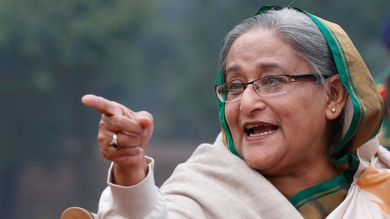 FILE- Bangladesh's Prime Minister Sheikh Hasina speaks during a press conference in Dhaka, Bangladesh, on Jan. 6, 2014. (AP Photo/Rajesh Kumar Singh, File)