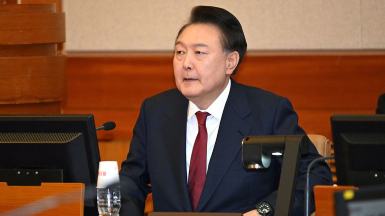 South Korea&#39;s impeached president Yoon Suk Yeol attends the fifth hearing of his impeachment trial.
Pic: Reuters