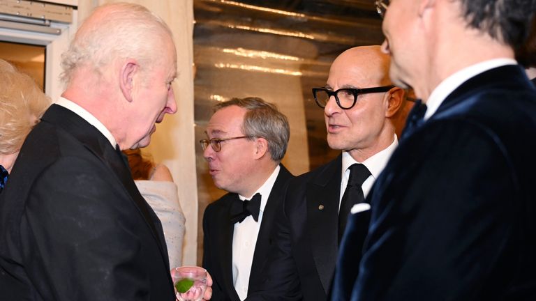 King Charles III greets Hollywood star Stanley Tucci during a dinner in celebration of Slow Food at King Charles III's Gloucestershire estate, Highgrove House, Tetbury, Gloucestershire. Picture date: Friday February 7, 2025.

