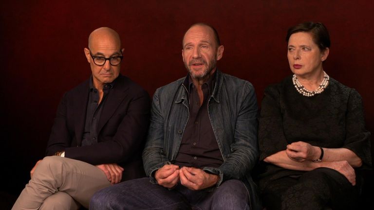 From left: Conclave stars Stanley Tucci, Ralph Fiennes and Isabella Rossellini