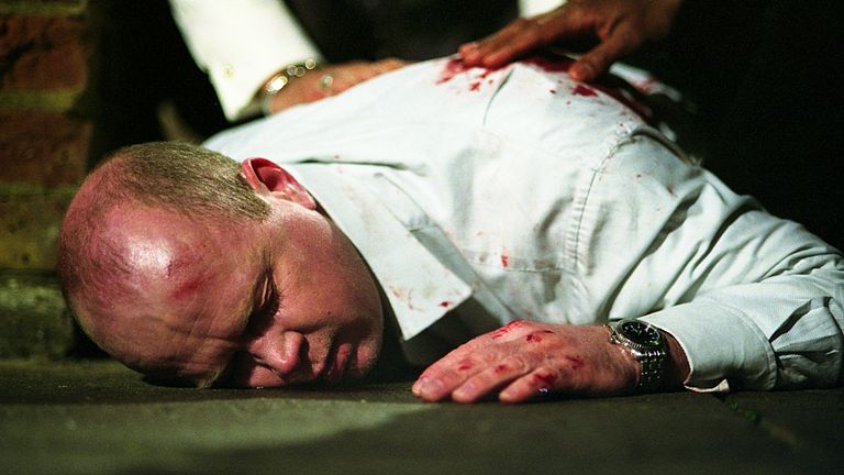 Who Shot Phil? Steve McFadden as Phil Mitchll in EastEnders. Pic: BBC 2001