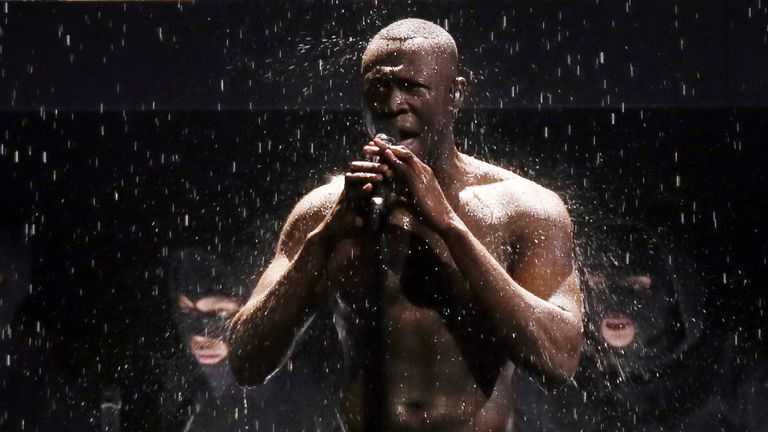 Stormzy's 2018 performance at The Brit Awards was dedicated to the 72 victims of the Grenfell Tower fire. Pic: Joel C Ryan/Invision/AP