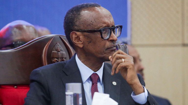 Rwanda's President Paul Kagame attends a joint summit by delegates from the Southern African Development Community (SADC) and the East African Community (EAC) to discuss the conflict in eastern Congo, in Dar es Salaam, Tanzania February 8, 2025. REUTERS/Emmanuel Herman
