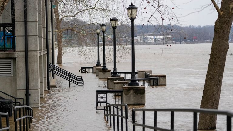 Water rises along the Cumberland River at McGregor Park, Sunday, Feb. 16, 2025, in Clarksville, Tennessee . (AP Photo/George Walker IV)