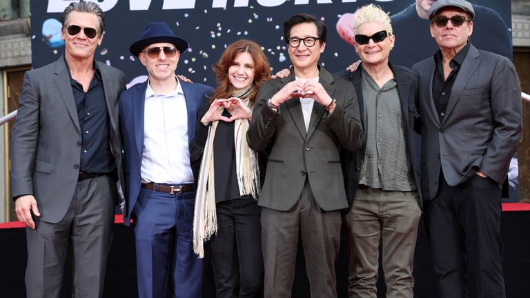 The Goonies cast members (L-R): Josh Brolin, Joe Pantoliano, Kerri Green, Ke Huy Quan and Corey Feldman  and writer Chris Columbus.
Pic: Reuters/Mario Anzuoni