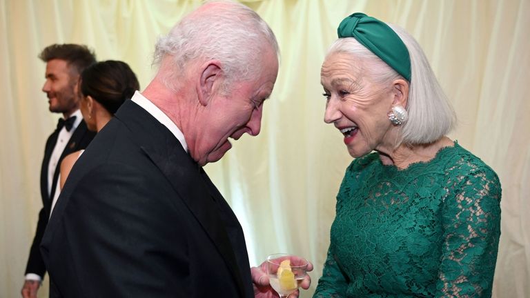 The King speaks with Dame Helen Mirren before dinner at Highgrove House, Tetbury, Gloucestershire. Pic: PA