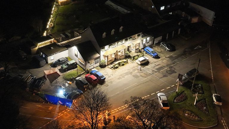 Scene of fatal Shooting at Three Horseshoes pub in Knockholt, Kent, on Friday evening (February 14, 2025). Pics show pub, scene of shooting in car park, forensic teams, officers at cordon
Source: UKNIP. Pics bought in, no credit 
https://uknip.photoshelter.com/gallery/kent-mum-Shot/G0000vhRIXA_Fp6I
