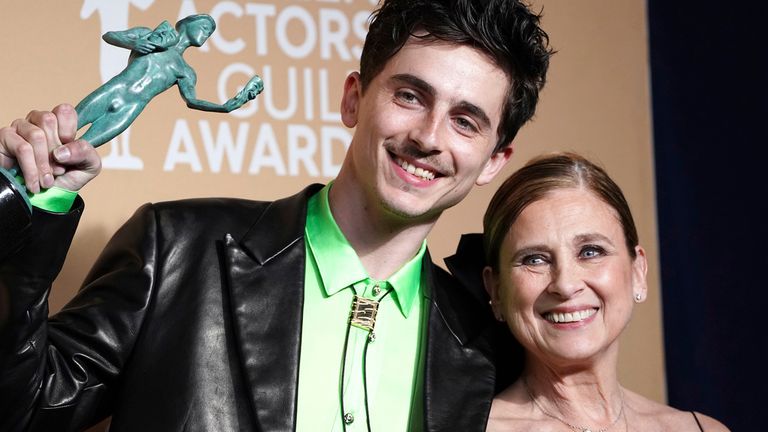 Timothee Chalamet and mum Nicole Flender at the SAG Awards 2025, following his best actor win for his portrayal of Bob Dylan in A Complete Unknown. Pic: Jordan Strauss/Invision/AP