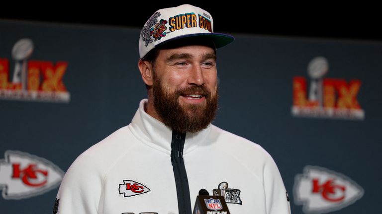 Feb 6, 2025; New Orleans, LA, USA; Kansas City Chiefs tight end Travis Kelce (87) during a press conference in advance of Super Bowl LIX at New Orleans Marriott. Mandatory Credit: Stephen Lew-Imagn Images