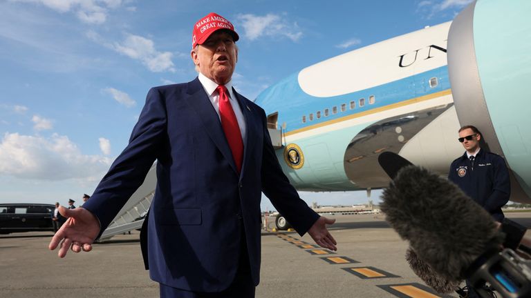 U.S. President Donald Trump speaks to reporters upon arrival in West Palm Beach, Florida, U.S., February 16, 2025. REUTERS/Kevin Lamarque