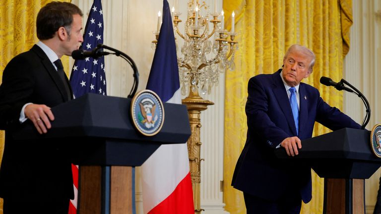 U.S. President Donald Trump and French President Emmanuel Macron attend a press conference at the White House in Washington, D.C., U.S., February 24, 2025. REUTERS/Brian Snyder