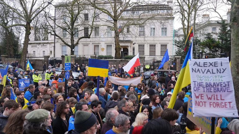 People taking part in a protest outside the Russian Embassy in central London, to mark the upcoming three year anniversary of the Russian invasion of Ukraine on 24th February. Picture date: Saturday February 22, 2025.