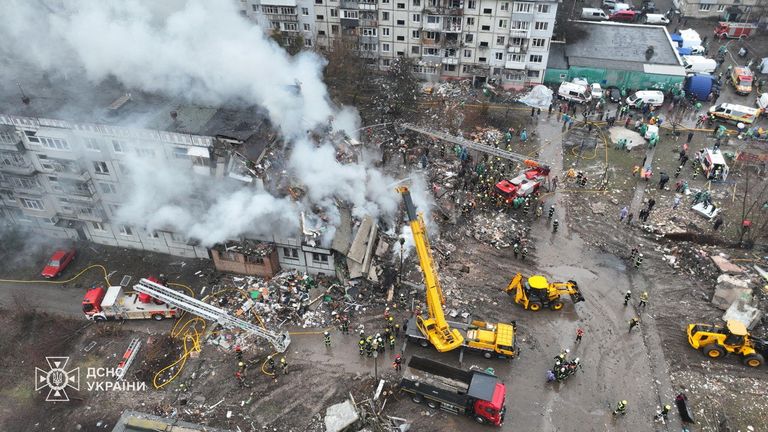 The apartment building hit by a Russian missile strike in Poltava.
Pic: Reuters/Emergency Service of Ukraine