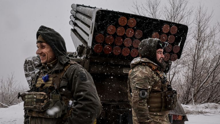 Servicemen of the 24th Mechanized brigade, named after King Danylo, of the Ukrainian Armed Forces prepare to fire a BM-21 Grad multiple-launch rocket system toward Russian troops, on a front line, amid Russia's attack on Ukraine, near the town of Chasiv Yar in Donetsk region, Ukraine February 15, 2025. Pic: Reuters