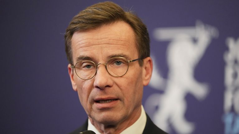 Sweden's Prime Minister Ulf Kristersson speaks to media during the Joint Expeditionary Force Leaders' Summit, at the Estonian Knighthood House in Tallinn, Estonia, Tuesday, Dec. 17, 2024. (AP Photo/Sergei Grits)