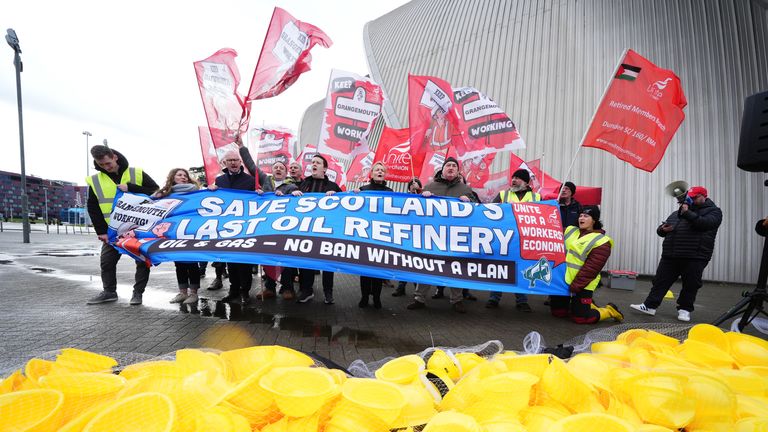 Members of Unite union take part in a demonstration to protest at Petroineos plans to close Grangemouth oil refinery.
Pic: PA