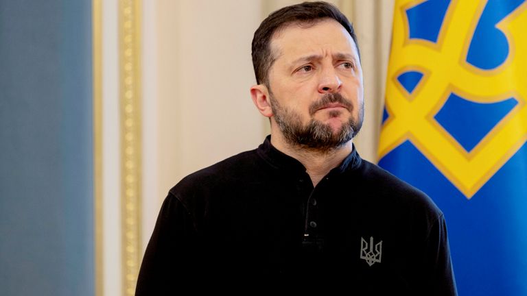 Volodymyr Zelenskyy giving a press conference in Kyiv on Wednesday. Pic: AP