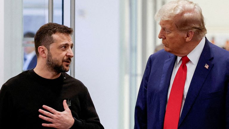 FILE PHOTO: Republican presidential nominee and former U.S. President Donald Trump and Ukraine's President Volodymyr Zelenskiy meet at Trump Tower in New York City, U.S., September 27, 2024. REUTERS/Shannon Stapleton//File Photo