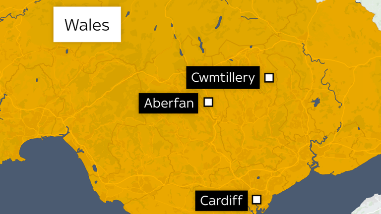 Map showing Cwmtillery, Aberfan and Cardiff in South Wales