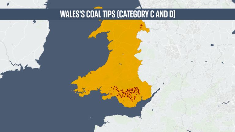 Map showing locations of Wales's category C and D coal tips