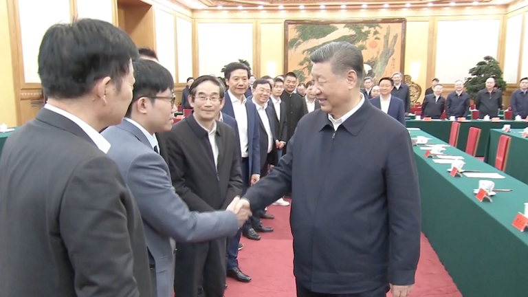 Chinese President Xi Jinping shakes hands with DeepSeek founder Liang Wenfeng on Monday. Pic: CCTV 