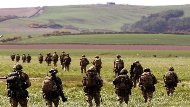 Soldiers from 5 Scots during training at West Freugh Airfield as they take part in Exercise Joint Warrior, which sees warships, submarines and aircraft take to the west coast of Scotland for a two-week training exercise. PRESS ASSOCIATION Photo. Picture date, Monday April 16, 2012. The exercise is held twice a year to prepare forces from the UK, US, Denmark, Norway, France, Canada, Germany and the Netherlands for events and active service. See PA story DEFENCE Exercise. Photo credit should read: