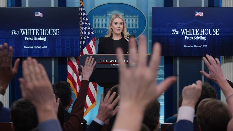 White House press secretary Karoline Leavitt speaking during a briefing. Pic: AP/Evan Vucci