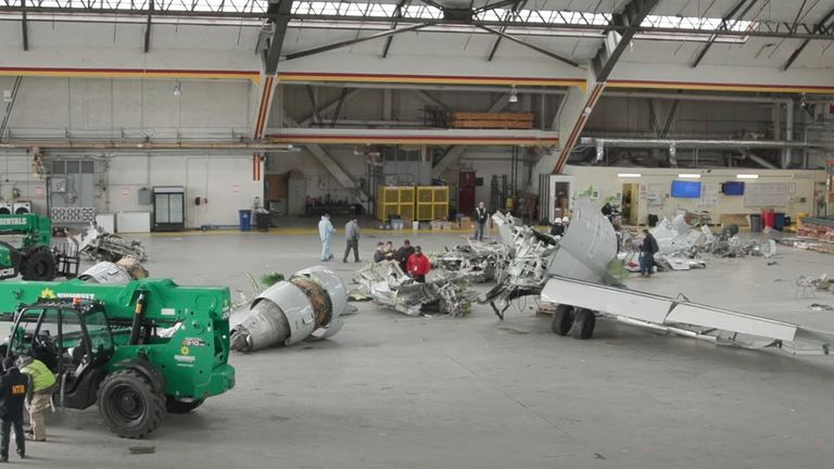 Wreckage is now in a hangar. Pic: NTSB