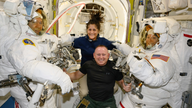 Suni Williams and Butch Wilmore pose with engineers aboard the International Space Station's Quest airlock on 24 June. Pic: NASA via AP