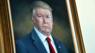 President Donald Trump's portrait hangs in the Colorado Capitol after an unveiling ceremony Thursday, Aug. 1, 2019. Colorado Republicans raised more than $10,000 through a GoFundMe account to commission the portrait, which was painted by Sarah Boardman, an artist who also produced the Capitol's portrait of President Barack Obama.
