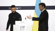 French President Emmanuel Macron and Ukrainian President Volodymyr Zelenskiy at the end of a press conference following a bilateral meeting at the Elysee Palace in Paris, France, March 26, 2025. YOAN VALAT/Pool via REUTERS
