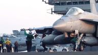A fighter plane takes off for an operation against the Houthi group.
Pic: US Centcom/Reuters
