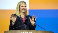 Kirsty Coventry gestures after being announced as the new IOC President at the International Olympic Committee.
Pic: AP