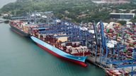 FILE PHOTO: An aerial view shows cargo vessels docked at Balboa Port, operated by Panama Ports Company, at the Panama Canal, in Panama City, Panama, February 1, 2025. REUTERS/Enea Lebrun/File Photo
