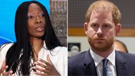 Pictured left: Dr Sophie Chandauka speaks to Sky News. Pictured right: Prince Harry (file pic: AP)