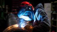 FILE PHOTO: A worker welds a steel tube at HCC, a company that uses parts to make combines, at the factory in Mendota, Illinois, U.S., February 21, 2025. REUTERS/Vincent Alban/File Photo
