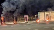 The burning Tesla chargers. Pic: Littleton Fire Department