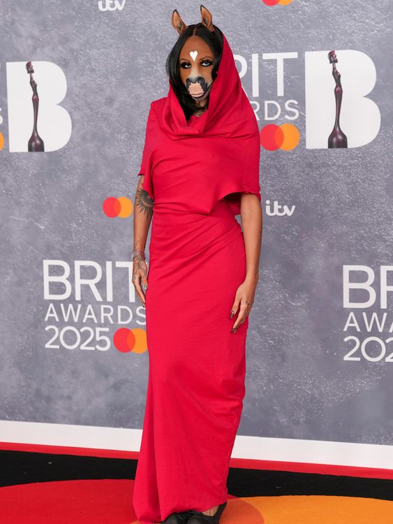 I have a similar outfit planned for the Oscars. Minus the mask. Singer-songwriter HorsegiirL working her red dress. Pic: AP