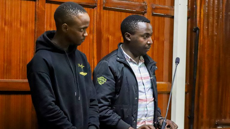 Alex Mutua Kithuka, left, and Albunus Mutinda Nzioki who were arrested in connection with the murder of British national Campbell Scott, appear at Milimani Law Court in Nairobi, Kenya.
Pic: AP