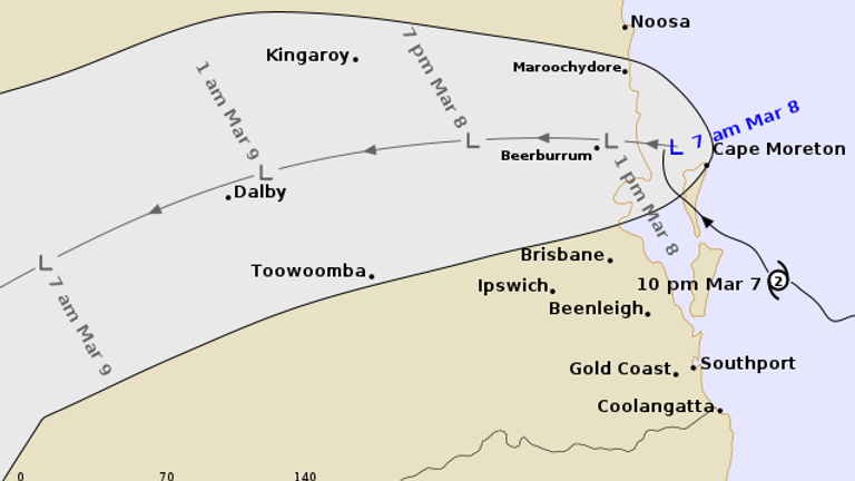 Credit: Bureau of Meteorology  Australian Bureau of Meteorology track map for Alfred, which was a tropical cyclone but has been downgraded to a tropical low. Correct as of: Issued at 6:59 am AEST Saturday 8 March 2025  Source: http://www.bom.gov.au/products/IDQ65002.shtml 