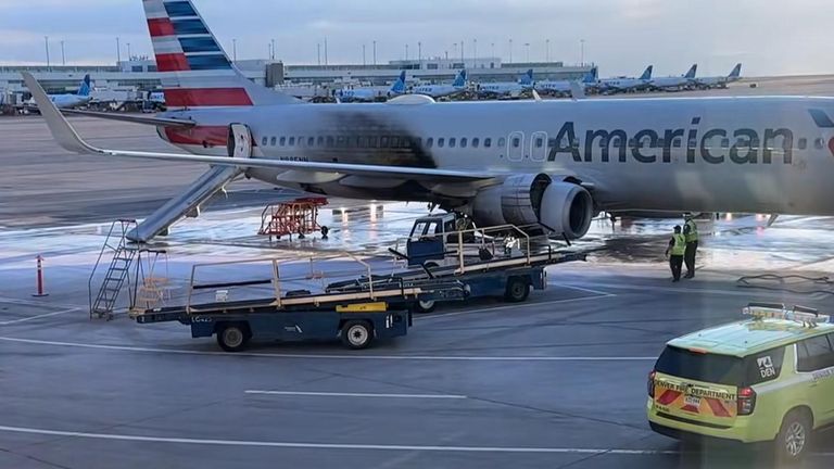 American Airlines jet engine catches fire after landing in Denver. Pic: @just4kicks565/TikTok  https://www.tiktok.com/@just4kicks565/video/7481459939525971246