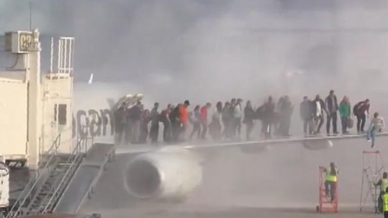 American Airlines jet engine catches fire after landing in Denver. Pic: flynnstone/X  https://x.com/flynnstone/status/1900337785250471944