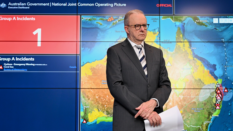 Anthony Albanese during a news conference at the National Situation Room in Canberra, Australia, yesterday. Pic: AP