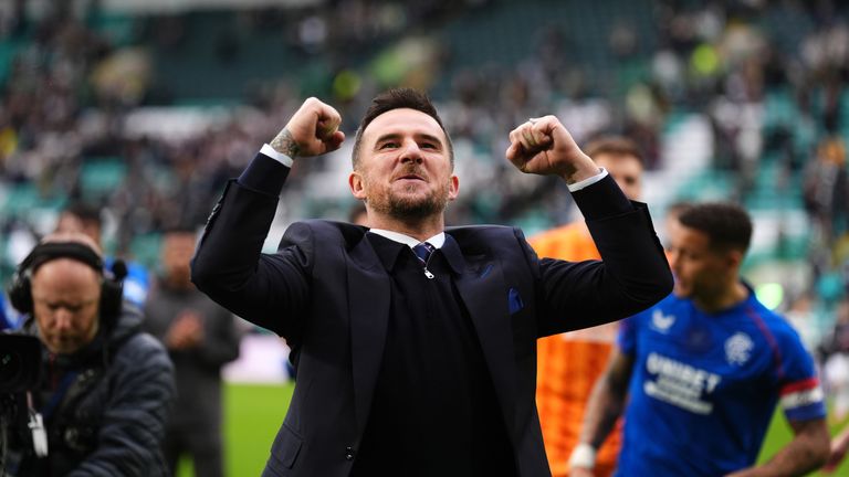 The interim manager of Rangers, Barry Ferguson, celebrates to the William Hill Premiership match at Celtic Park, Glasgow. Image date: Sunday, March 16, 2025.