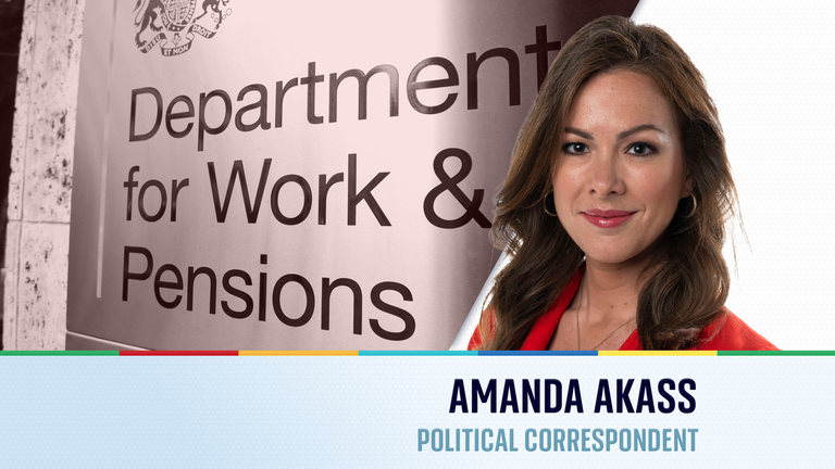 A specially made teaser of Amanda Akass over a sign for the Dept of Work and Pensions.