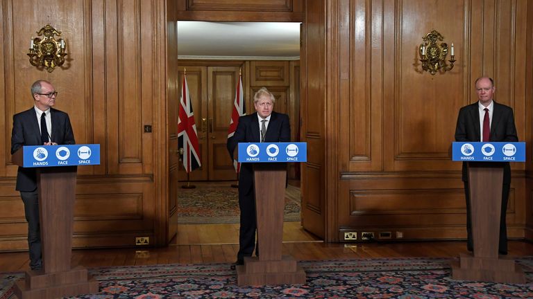 Boris Johnson holding a press conference in 2020 alongside the government's then chief scientific adviser Patrick Vallance and England's chief medical officer Sir Chris Whitty. Pic: Reuters