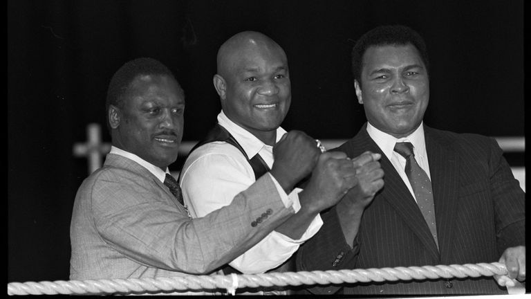 Boxers Joe Frazier, George Foreman and Muhammad Ali, raise fists at launch of film Champions Forever exploring their lives, in London in 1989. Pic: Reuters